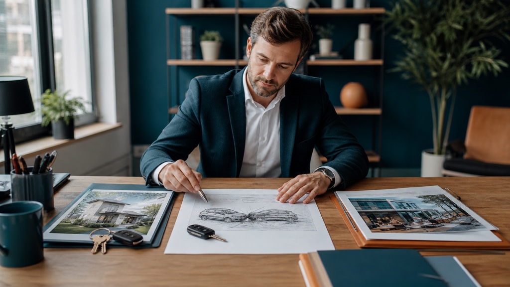 Conseiller comparant plusieurs dossiers d'assurance habitation, automobile et entreprise