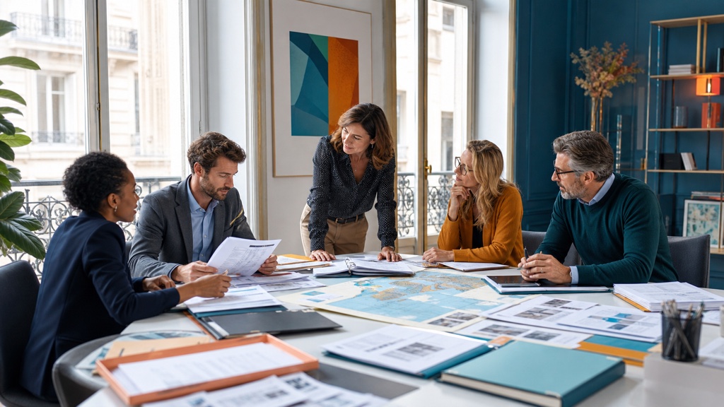 Équipe de courtage réunie autour de documents professionnels